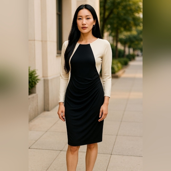 Lauren Ralph Lauren colorblock rouched waist sheath dress sz 10 cream black - Picture 1 of 5